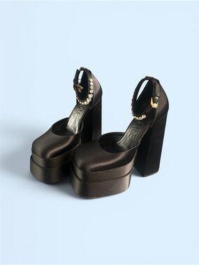 Versace Black Satin Crystal-Ankle Platform Pumps